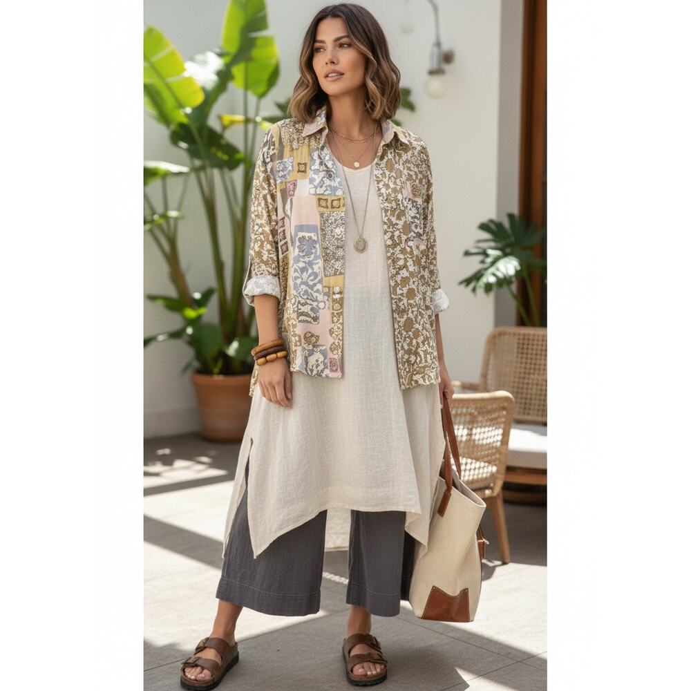 Vintage 90s Cache Beaded Patchwork Boho Lagenlook Button Shirt Top Women’s L/XL‎ - Picture 2 of 11